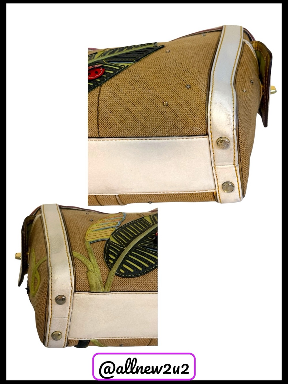 Coach Limited Edition Leafy Lady Bug Boxy Straw / Burlap & Leather Bag Host Pick - Picture 7 of 13